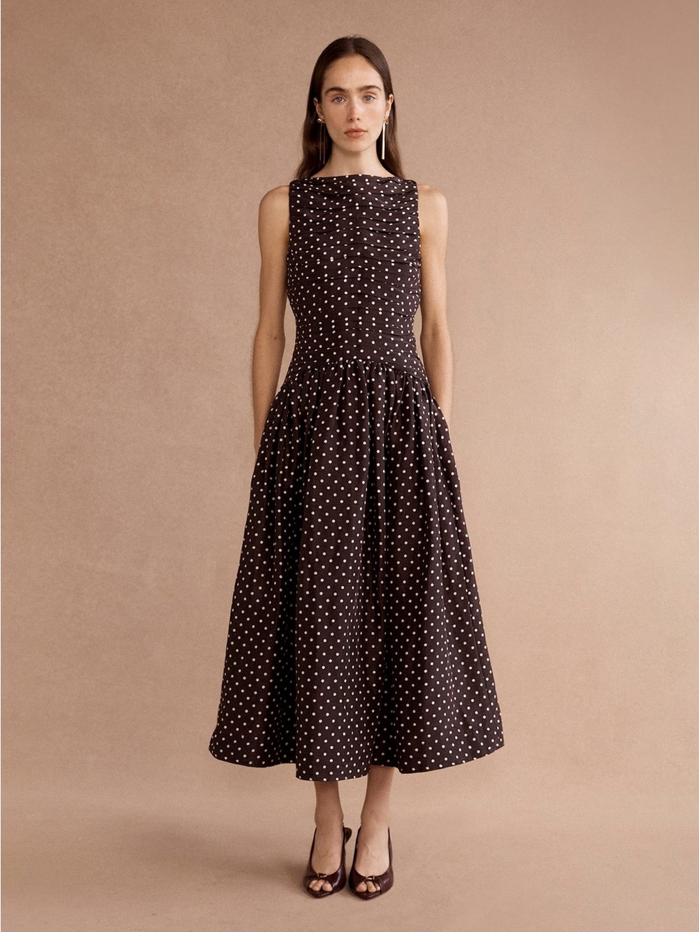 Lovaan Val Sleeveless Brown Polka Dot Midi Dress